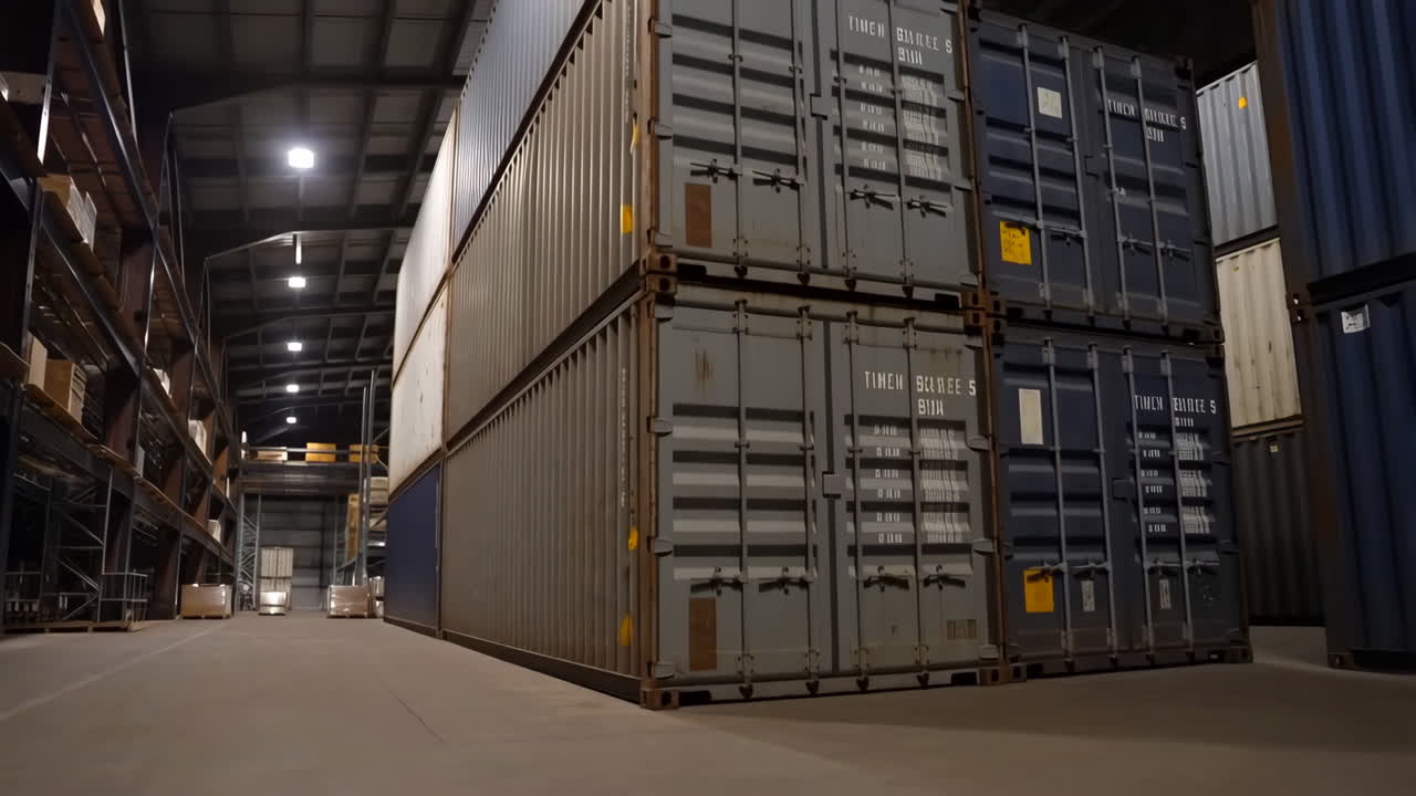 Stacks of shipping containers in a large warehouse