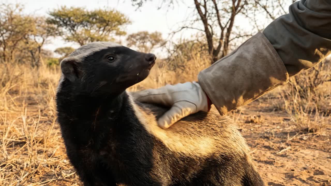 Mano guantata che accarezza un tasso del miele in una savana arida