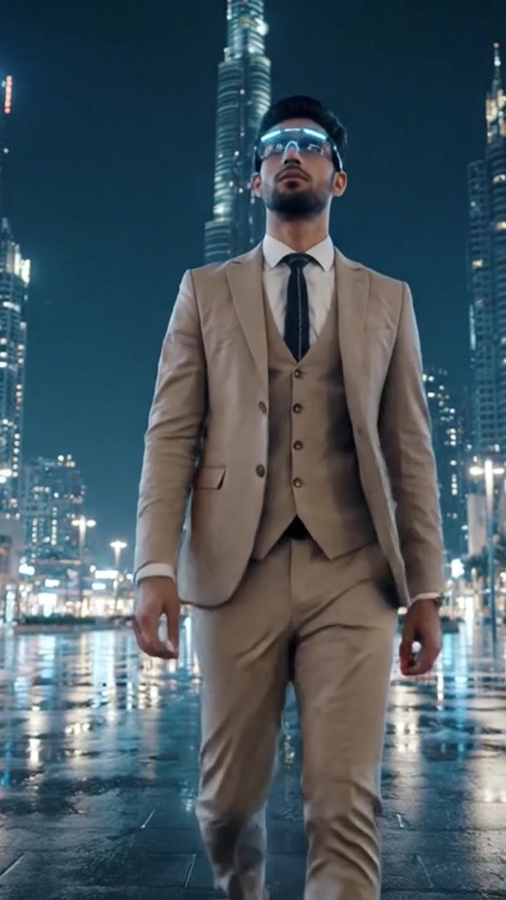 Un individuo elegante in abito beige cammina con sicurezza attraverso un vivace e illuminato paesaggio urbano notturno, mettendo in mostra stile moderno e raffinatezza.