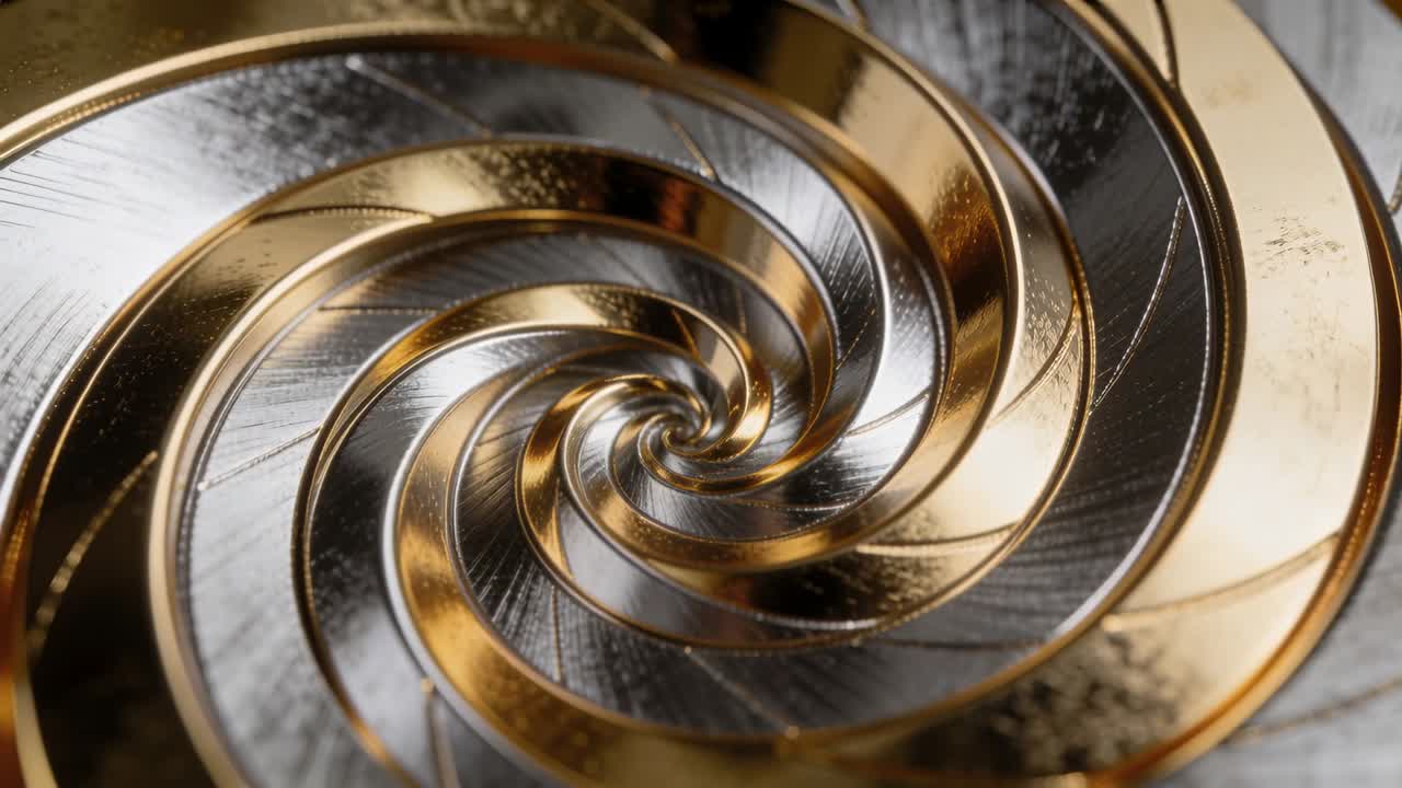 Assemblaggio a spirale metallica in rotazione su piatto rotante motorizzato in studio, con la telecamera che si avvicina rivelando le texture.