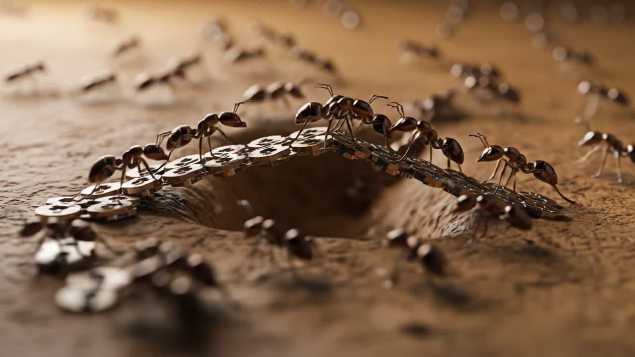 A Thriving Ant Colony Constructs a Bridge of Coins Over an Entrance to Their Nest, Showcasing Unity and Cooperation in Nature’s Intricate Ecosystem