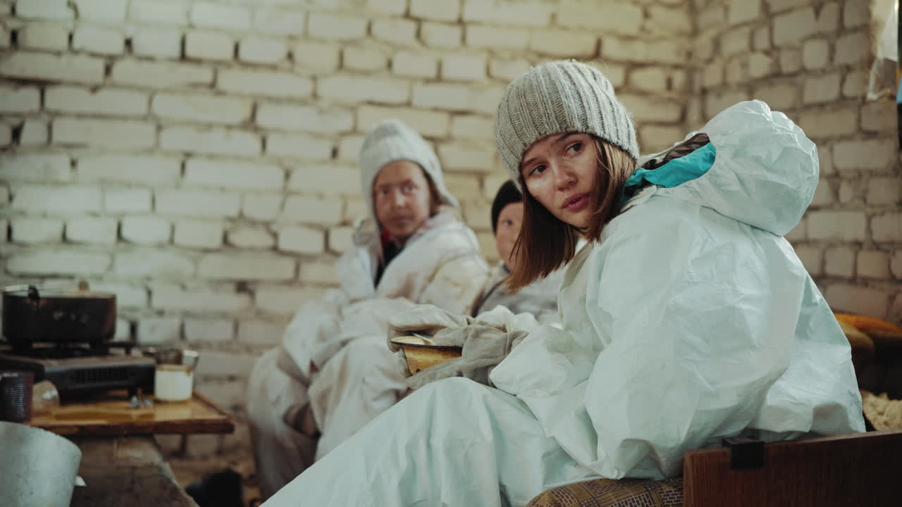 Group of war survivors wearing protective clothing sit inside abandoned shelter, children look with suspense at woman holding bowl of food, showing fear and resilience in difficult living conditions
