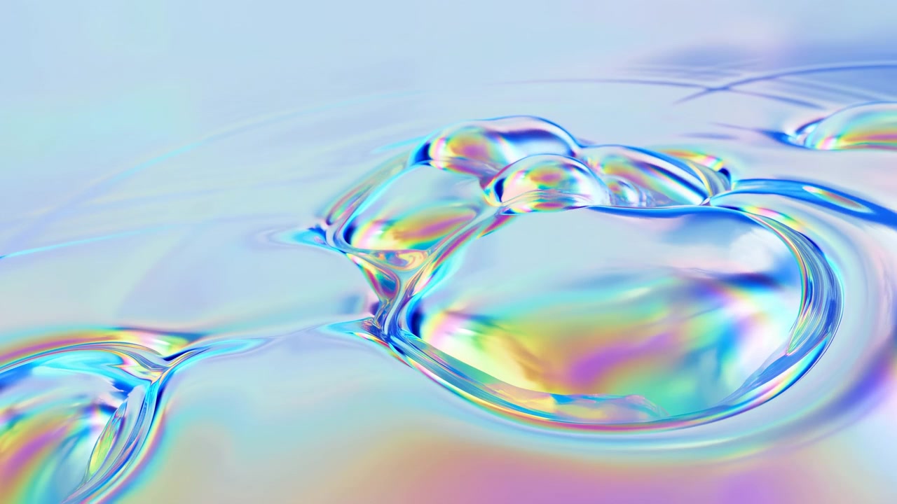 Bolle liquide iridescenti in primo piano con lucentezza pastello, riflessi arcobaleno su superficie di sapone lucida che formano una forma a cuore