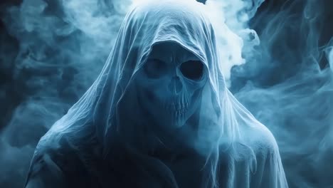 a ghost in the fog with a hooded cloak on