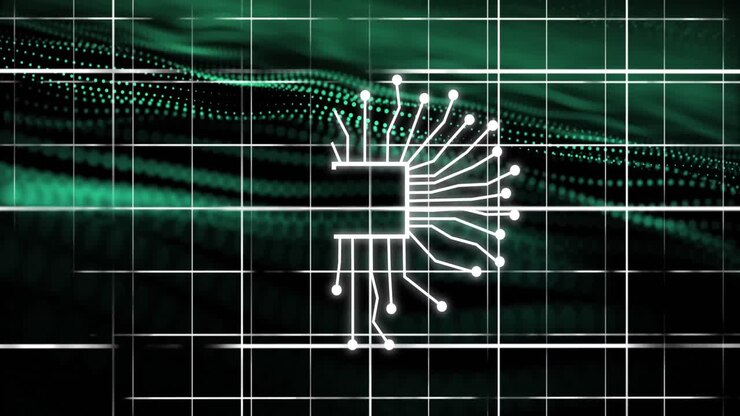 Animation of ai icon and data processing over grid