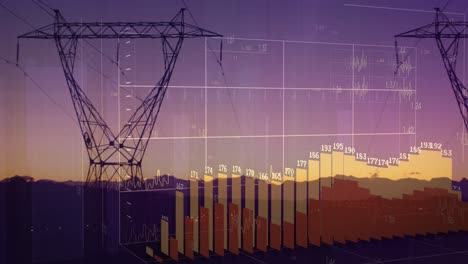 animación del procesamiento de datos financieros sobre torres eléctricas y paisaje