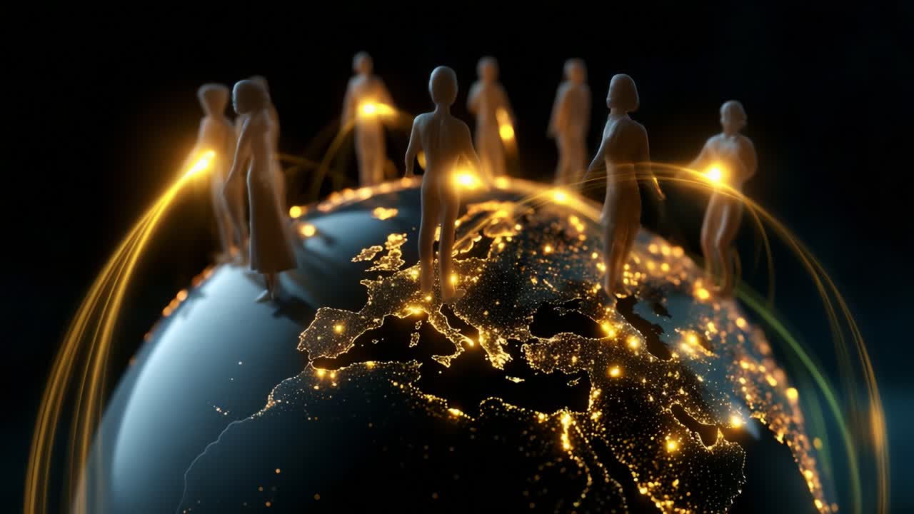 Global Connectivity: A Representation of People Engaging in Digital Communication Over Geographic Boundaries, Illuminated by a Network of Light As They Interact on a Modern Globe