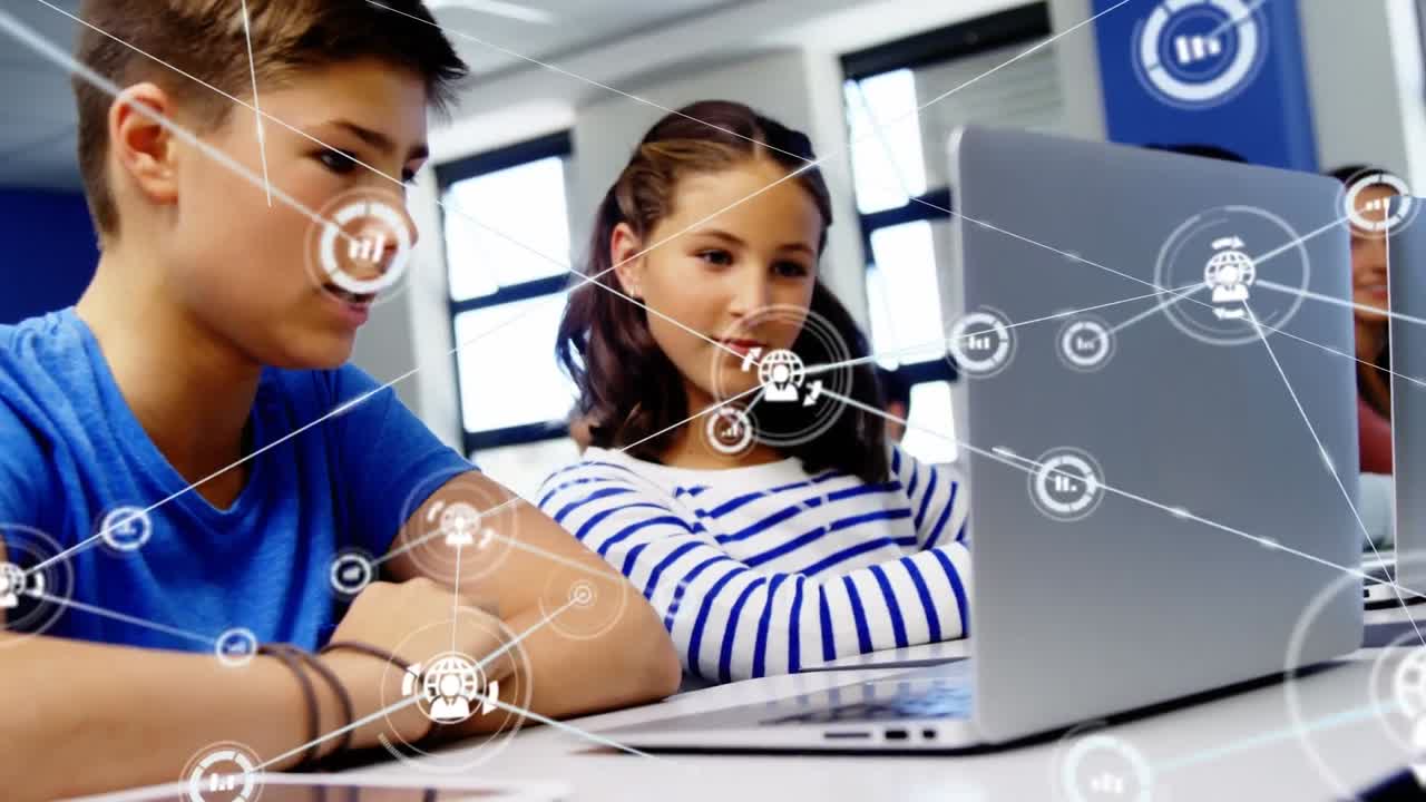 animación de la red de conexiones entre estudiantes caucásicos masculinos y femeninos que utilizan computadoras