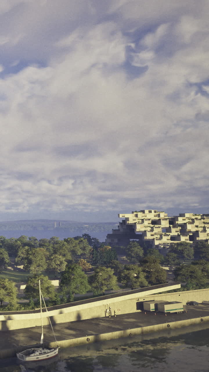 Céu nublado sobre edifícios à beira-mar e barcos perto de um porto
