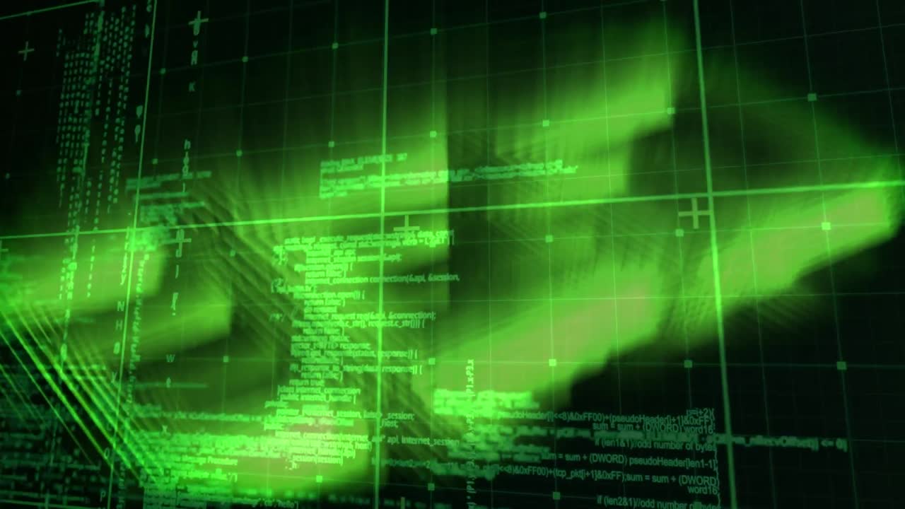 Animation of glowing data processing with markers over grid