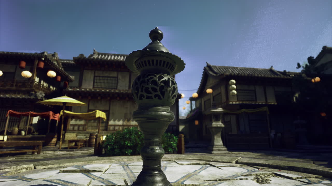 Ancient architecture and lanterns illuminate a quiet courtyard in japan