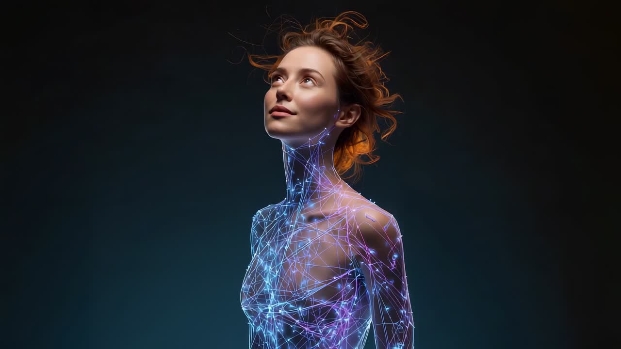 Female model lifting chin in studio, camera closing and rim warming, overlay covering chest pulsing