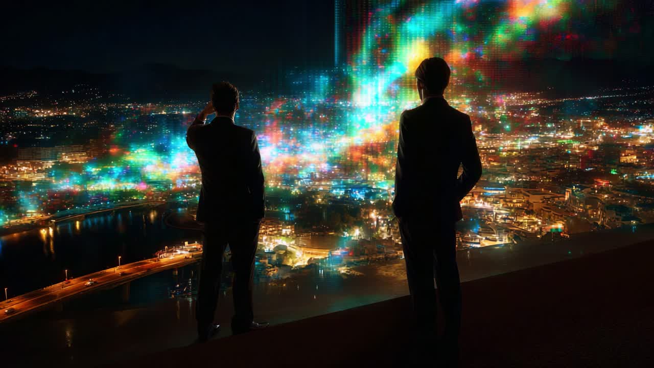 Two silhouetted figures in suits stand on a ledge, overlooking a vibrant, illuminated city skyline filled with colorful lights and digital patterns, embodying themes of reflection and connection