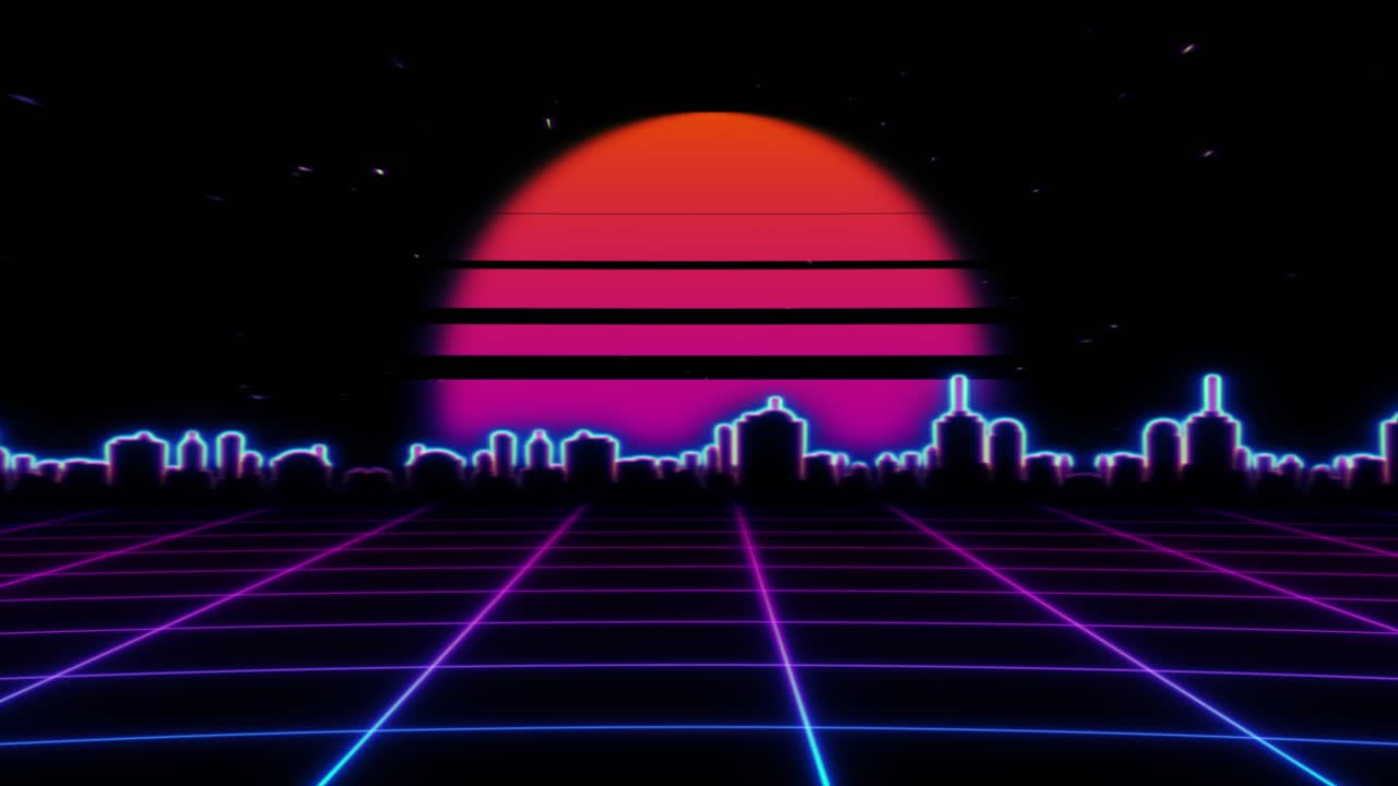 레트로 미래주의 도시 풍경 해가 지는 모습