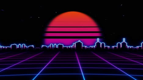 paisaje urbano retro futurista al atardecer