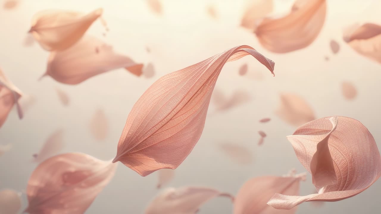 Grande petalo rosa scivola, si inclina e si flette su uno sfondo morbido, una corrente sposta il petalo, creando profondità