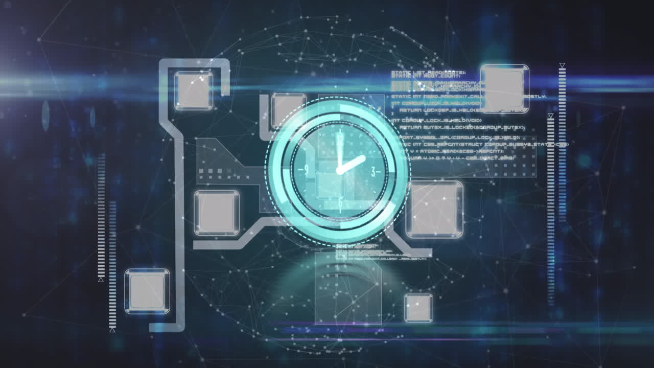 Animation of networks of connections and clock icon over black background