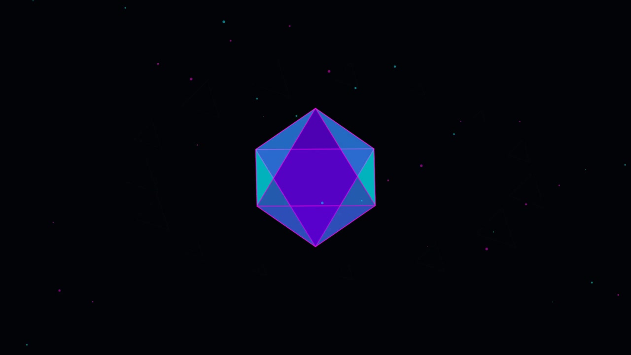 Forma di ottaedro geometrico rotante con particelle al neon
