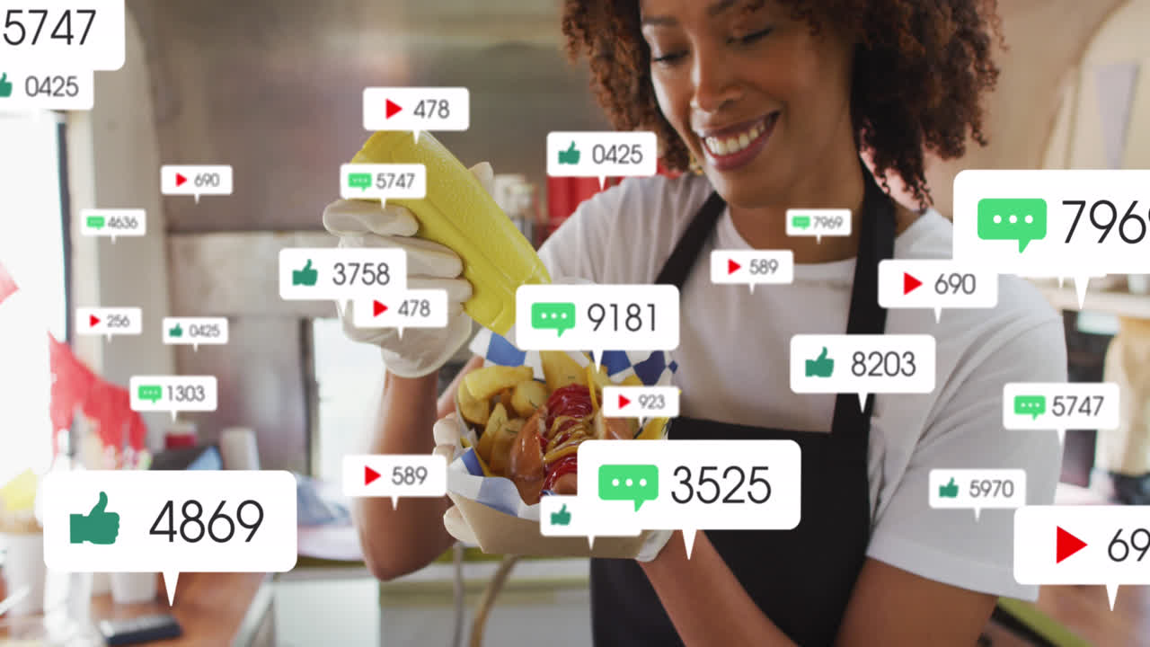 animación de iconos de los medios sobre una mujer afroamericana preparando un perrito caliente