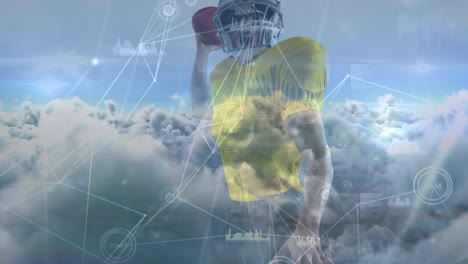 animación de la red de conexiones y procesamiento de datos sobre el jugador de fútbol americano y las nubes