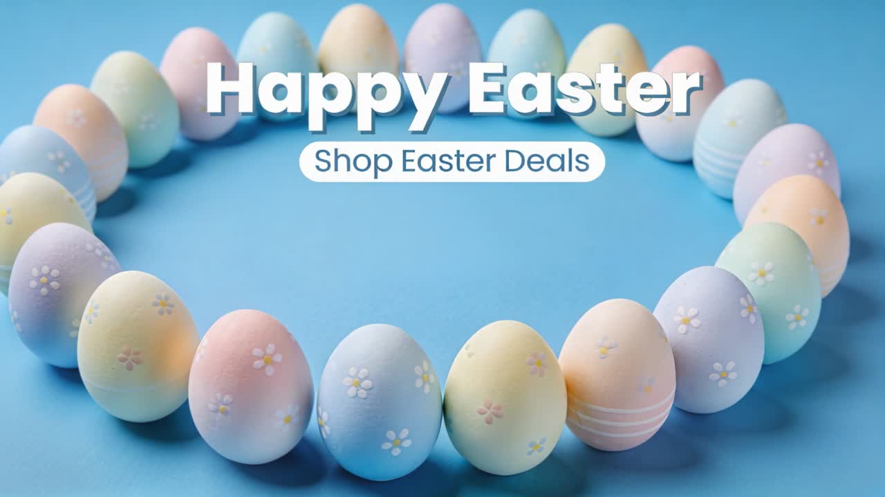 Panning shot revealing pastel egg wreath on blue table, showing Happy Easter and Shop Easter Deals