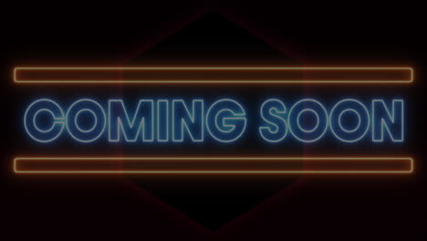 animation of coming soon text in blue neon with red neon hexagons