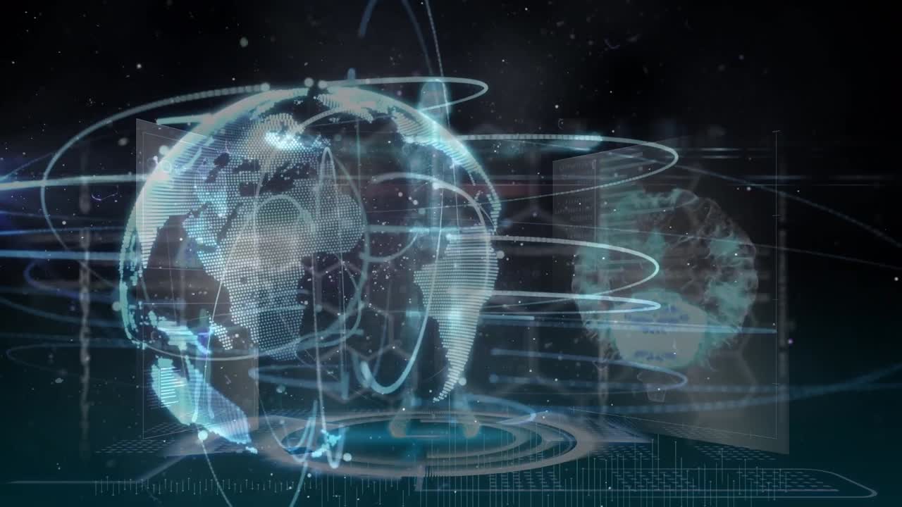 Animation of connections, globe and diverse data on black digital screen
