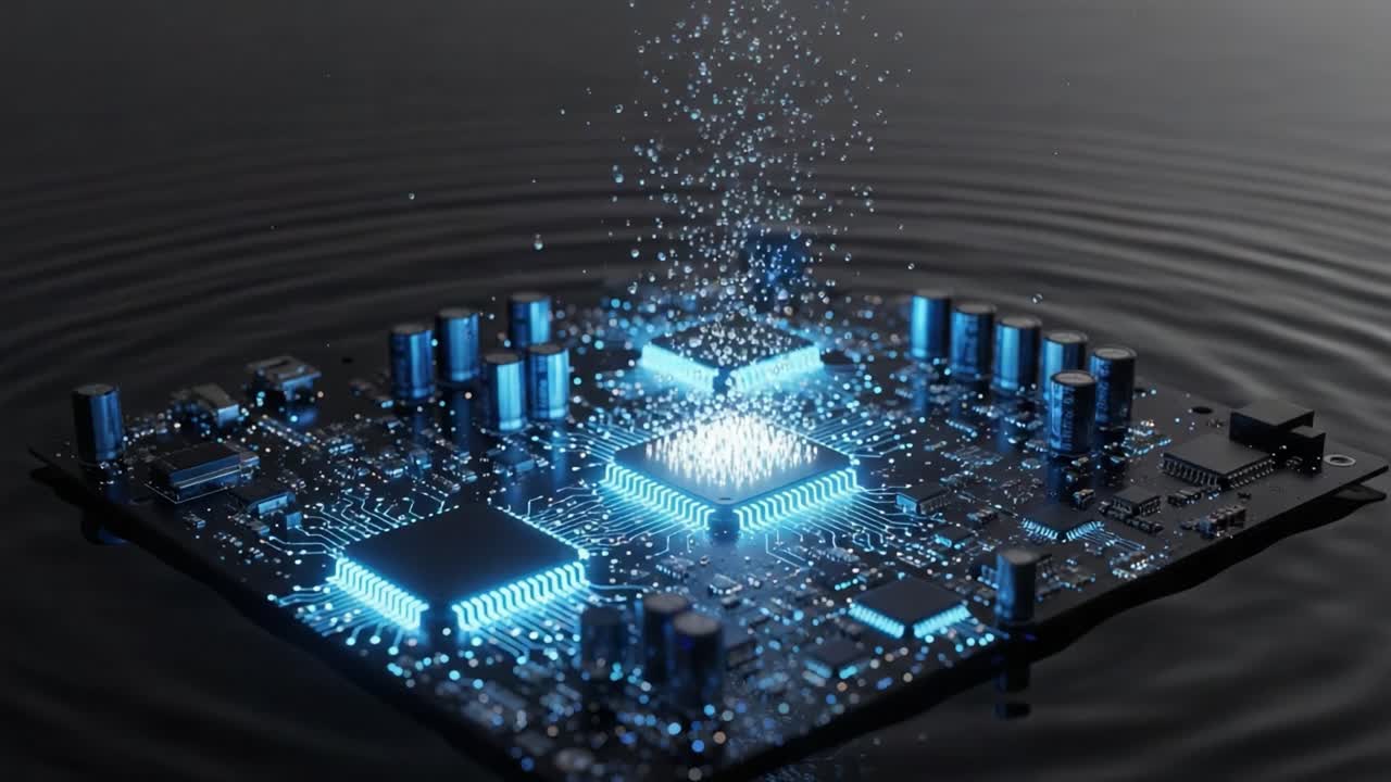 A Captivating Display of Technology: A Glowing Circuit Board and Its Sparks Emerge from Water Surface in a Stunning Visual Representation of Innovation