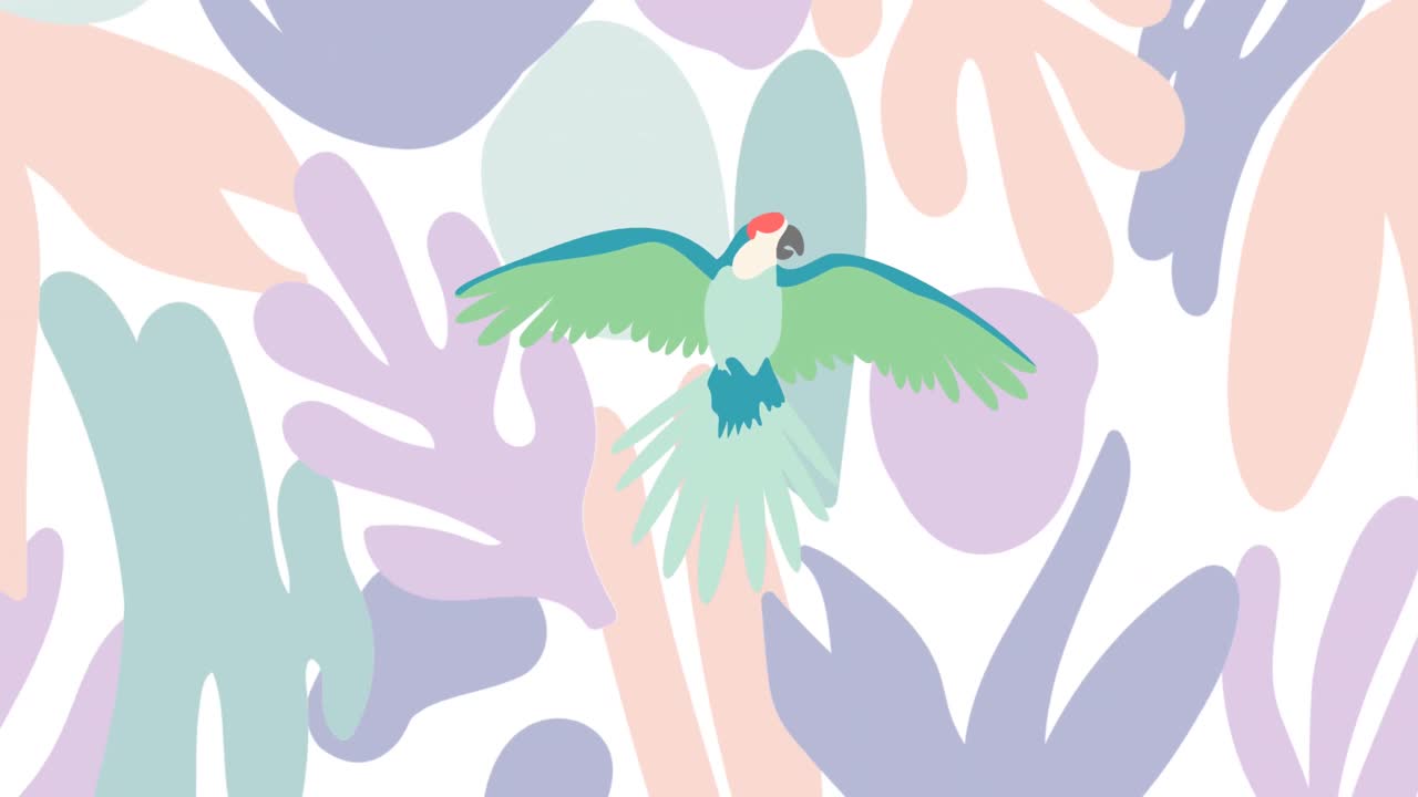 animación de un loro verde sobre formas en fondo blanco