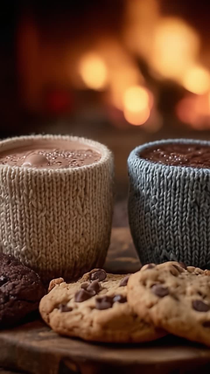 Cioccolata Calda e Biscotti Accanto al Fuoco: Una Scena Invernale Accogliente con Cioccolata Calda in Tazze Lavorate a Maglia Accompagnata da Biscotti Deliziosamente Sfornati, Perfetta per il Relax