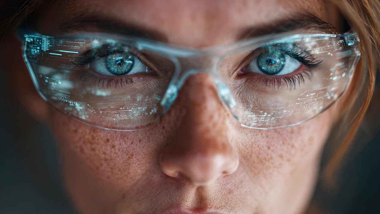 Primo piano di una giovane donna con occhiali digitali che riflettono tecnologia futuristica e accattivanti occhi azzurri in un ambiente high-tech