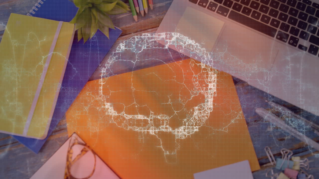 3D render holographic brain floating above wooden desk, highlighting notebooks and office supplies