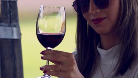 classy rich fashionable woman toasting red wine then drinking it in slow motion