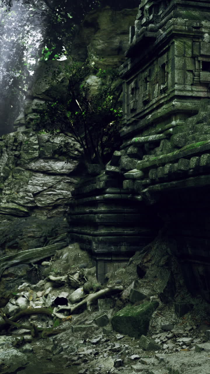 Rovine in pietra ricoperte di vegetazione di un antico tempio in una foresta tropicale