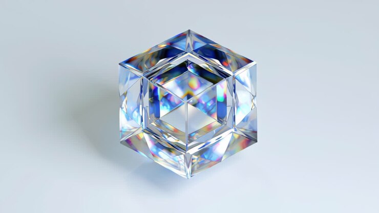 Minimalistisk abstrakt optagelse af et gennemsigtigt krystalkubeprism med iriserende regnbuebrydninger og refleksioner på en blød lys baggrund, et futuristisk luksusdesignkoncept.