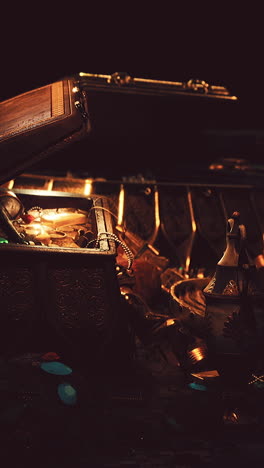 close up of a treasure chest with jewels and gold coins