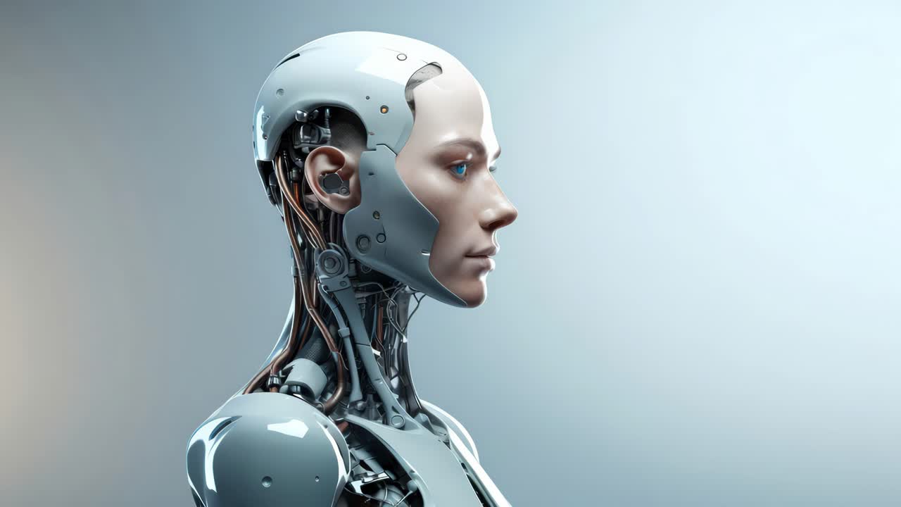 Sideprofil af en futuristisk, humanoid robot, der viser indviklet intern mekanik
