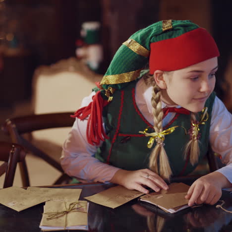 happy female elf holding a stack of envelopes. funny elf sitting at the table and looking through the envelopes for santa claus in the christmas decorated room.