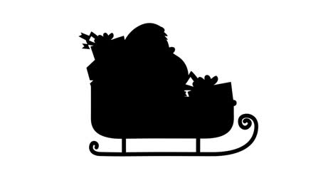 animation of black silhouette of santa claus in sleigh moving on white background