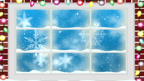 animación digital de luces de hadas en un marco de ventana de madera contra la nieve que cae en el paisaje de invierno