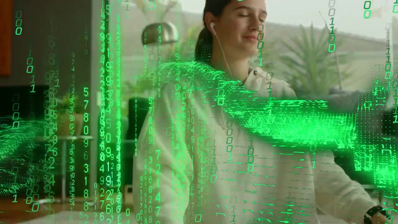 Woman tapping phone on rug in living room, sparking green overlay and activating wellness tech