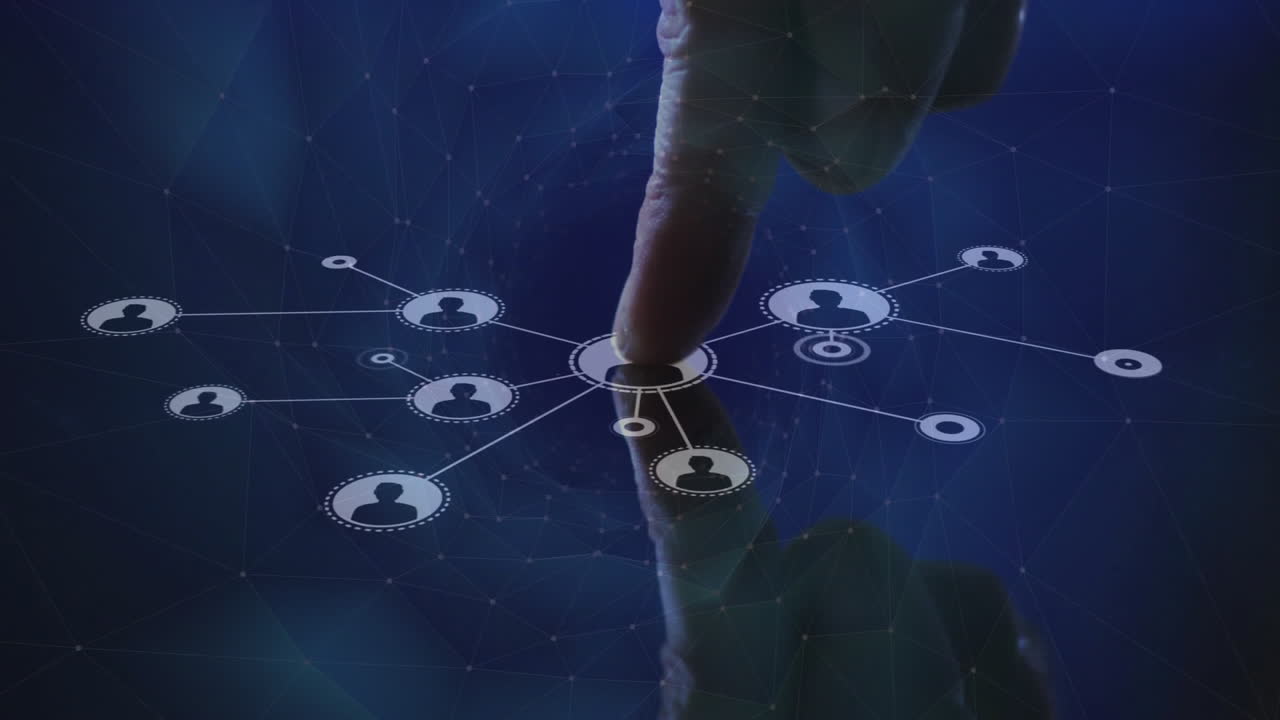 animación de la red de conexiones tocadas con los dedos con íconos en fondo negro