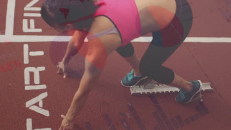 animación del procesamiento de datos estadísticos contra una atleta femenina que corre desde la posición de salida
