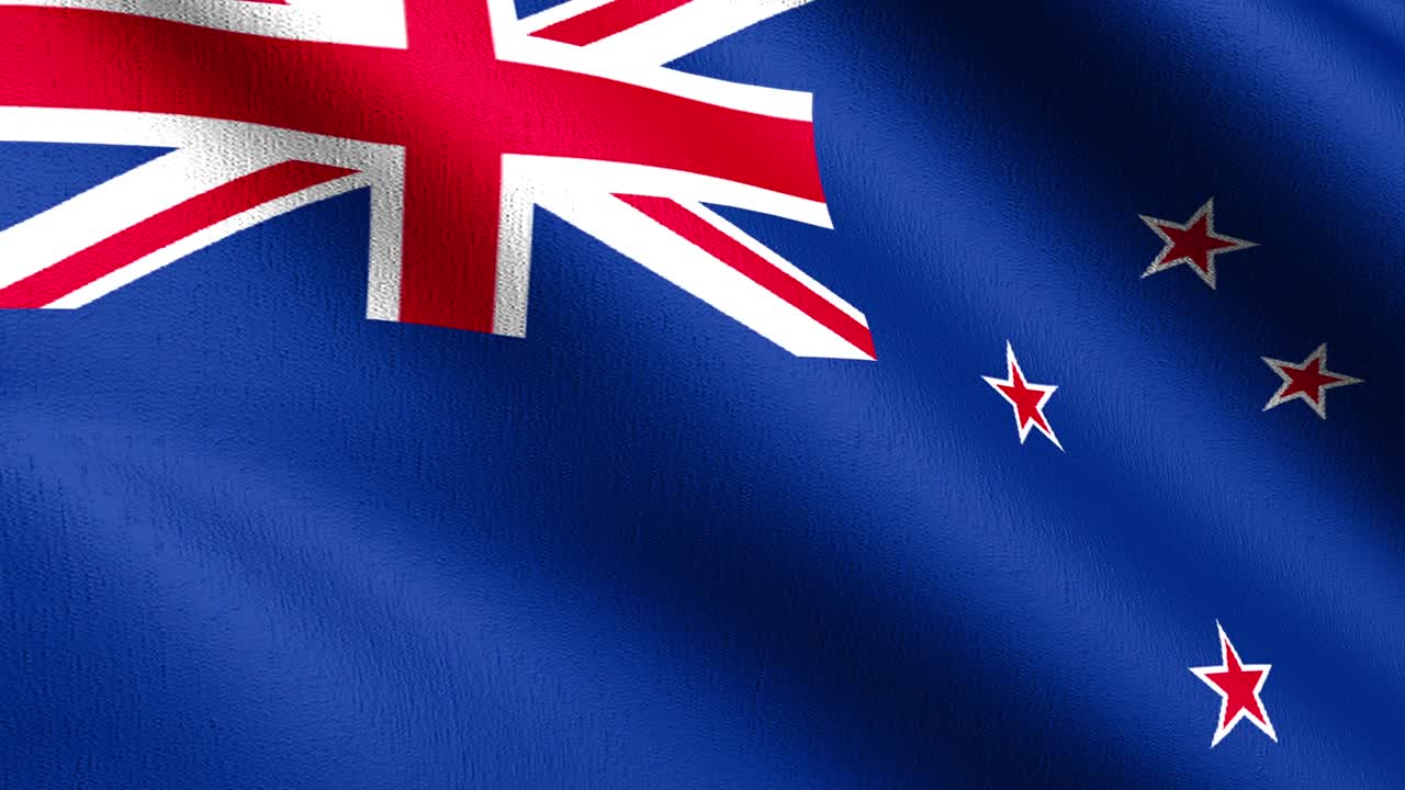 시엄리스 루프 4k vdo: 바람에 날아다니는 뉴질랜드 국기, 공식 애국 추상 디자인, 흔들리는 표지 기호의 3d 렌더링 일러스트레이션