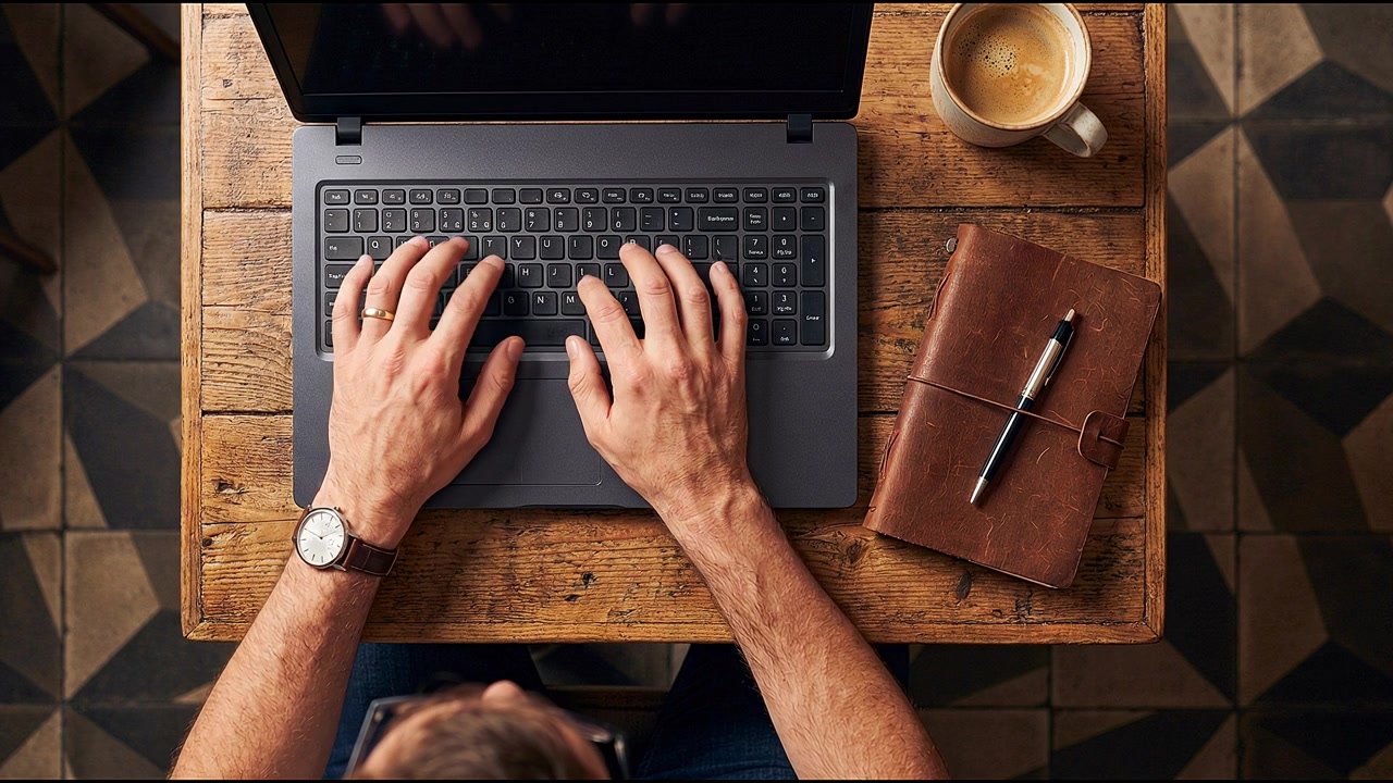 Bovenaanzicht van handen die typen op een toetsenbord aan een georganiseerd bureau met kantooraccessoires