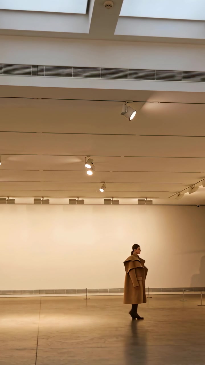 Vertical video: Pausing briefly woman in tan coat and dark boots modeling under skylight past rope