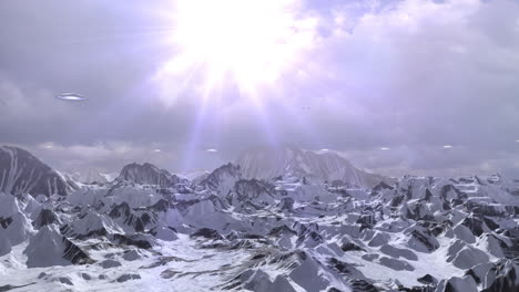 alien ufos over snowy mountains