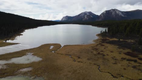 johnson range lake's mountainous landscape, fly out drone shot