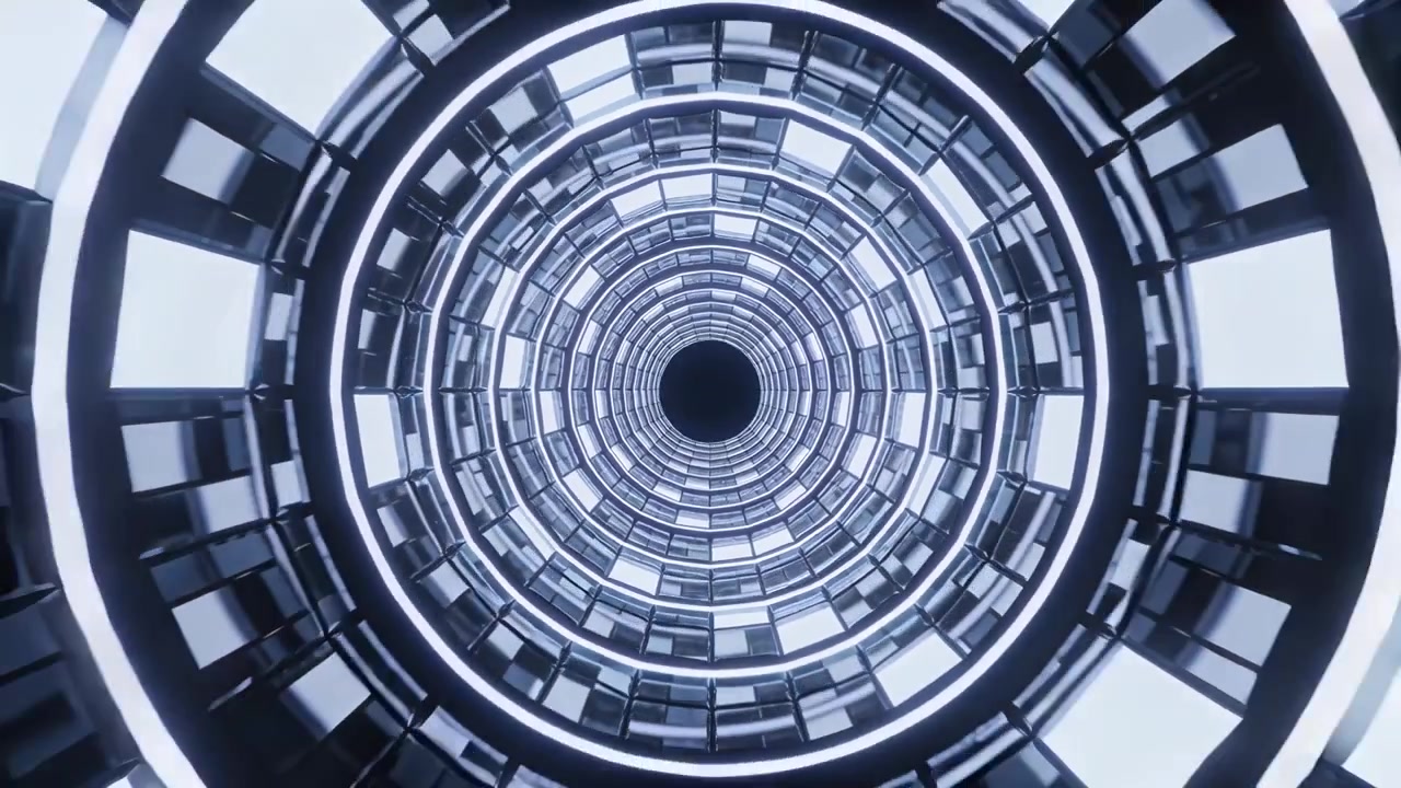 Telecamera in movimento che ruota verso l'interno attraverso anelli concentrici, mostrando pannelli illuminati e un nucleo nero per la profondità.