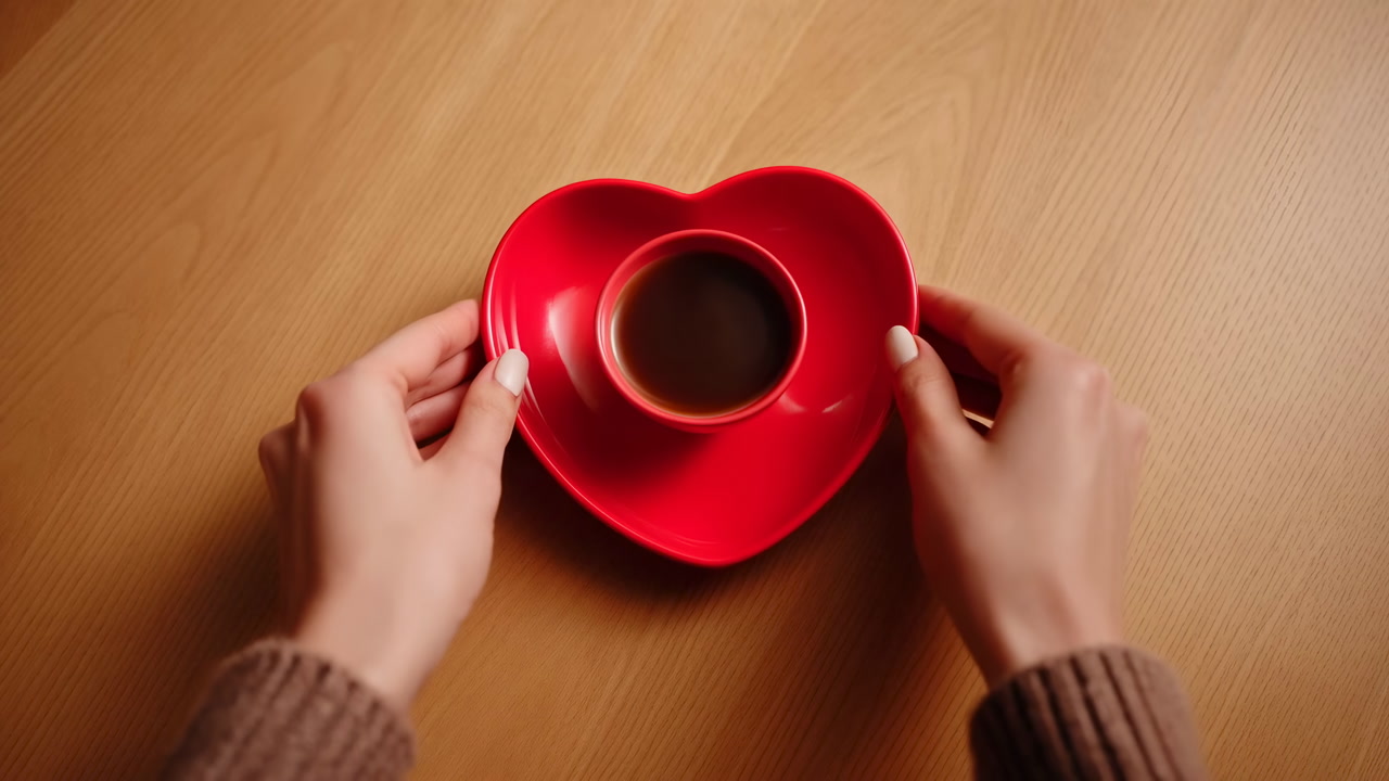 Overhead View Heartshaped Cup With Coffee, Hands Reaching And Adjusting Red Saucer On Wooden Table, Cozy